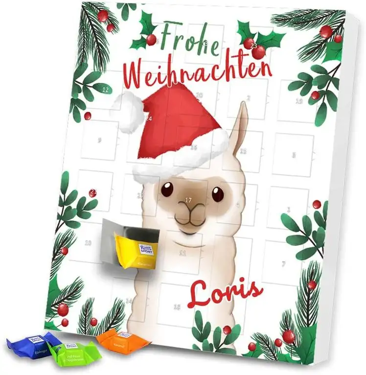 Adventskalender mit Namen Loris und Motiv mit Weihnachts-Lama | Gefüllt mit Schokolade | Weihnachts-Kalender