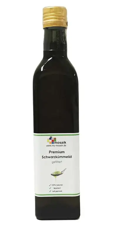 my-mosaik Schwarzkümmelöl 100% naturrein, kaltgepresst, gefiltert, ägyptisch reich an mehrfach ungesättigten Fettsäuren für die gesunde Küche oder zur Hautpflege einsetzbar (500ml)
