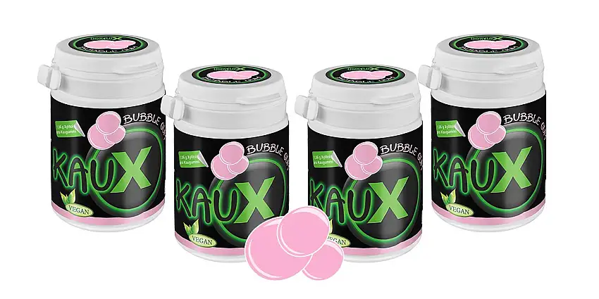 kauX Xylitol Zahnpflege-Kaugummi ohne Aspartam, 4'er Pack Bubble Gum (60g=40 Stück pro Dose)