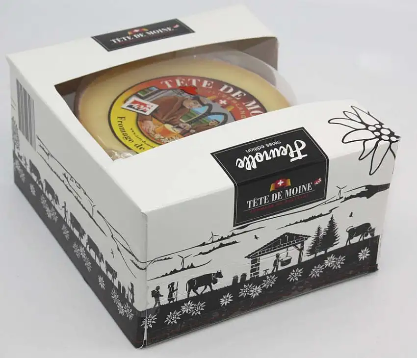 GESCHENKSET KOMPLETT SWISS-MADE MIT HOBEL + HAUBE + KÄSE Tete de Moine CLASSIC Schweizer Mönchkopf Käse Halber Laib ca. 420 g (100g=3,00EUR)