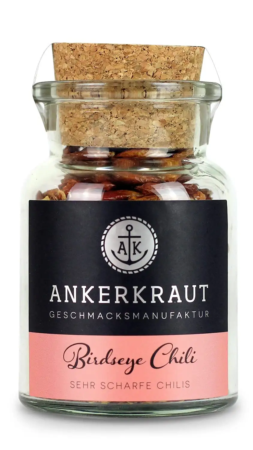 Ankerkraut Birdseye Chili, ganze Chili-Schoten, extrem scharf, Asiatische Afrikanische Mexikanische Gerichte Würzen, Chilli-Sauce verfeinern, 35 g im Korkenglas