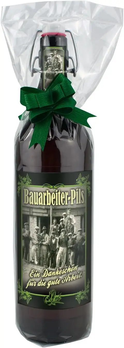 Bauarbeiter-Bier 1 Liter Flasche mit Bügelverschluss (mit Geschenkfolie & Schleife)