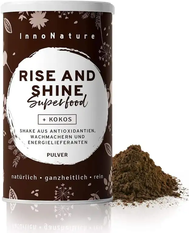 "Rise and Shine" Superfood Morning Energie Shake mit 13 Bio Superfoods (Kakao + Kokos + Guarana Matcha + Chiasamen + natürliches Koffein) 300g Premium Smoothie Protein Pulver. Vegan, DE, InnoNature