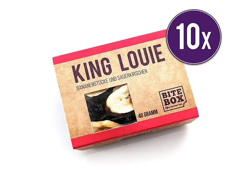 BiteBox King Louie | Bananenchips und getrocknete Sauerkirschen 10er Pack (10 x 40 g) | Studentenfutter Snack Frucht