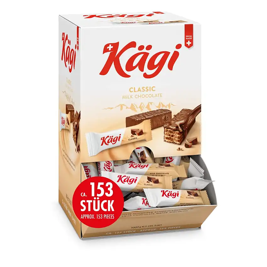 KÄGI FRET CLASSIC I Feinste Schweizer Schokowaffel I Snackbox mit knusprigen Waffeln umhüllt von hausgemachter Milch-Schokolade I Die leichte Schweizer Schokoladen-Spezialität I 1kg