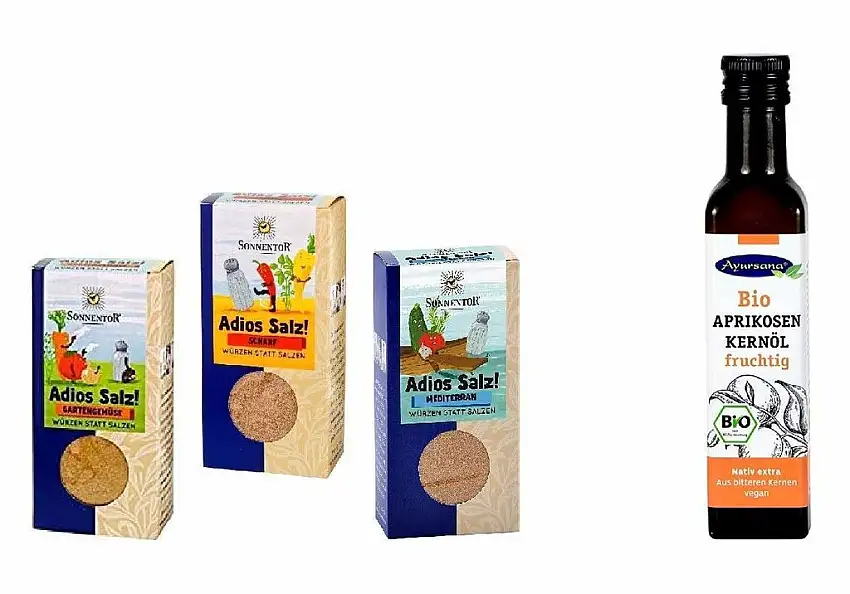 Sonnentor - 3er Set Adios Salz Gewürzmischungen - Scharf, mediterran, Gartengemüse (165 g) mit Ayursana Aprikosenkern-Öl (250 ml)