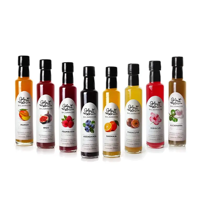 GLOSA MARINA 8er Mallorca Geschenkset *MANGO, FEIGE, HIMBEERE, HEIDELBEERE, ORANGE, MARACUJA, HIBISKUS, KAPERN* - Balsamico Gourmet Essig Creme (8 x 250ml)