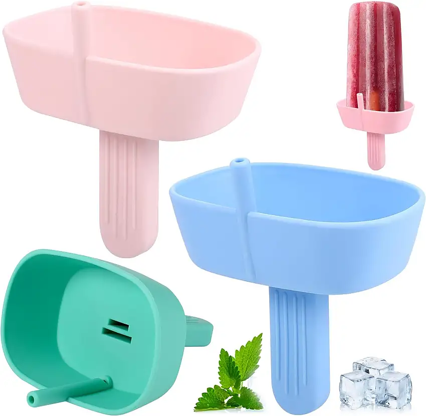 Hejo 4 Stück Tropffrei Eis am Stiel-Halter für Kinder, Silikon Eishalterung für Kinder, Wiederverwendbarer Eis Halter mit Strohhalm, Eis Tropfschutz für Jungen＆Mädchen (Rose, Hellrosa, Grün, Blau)