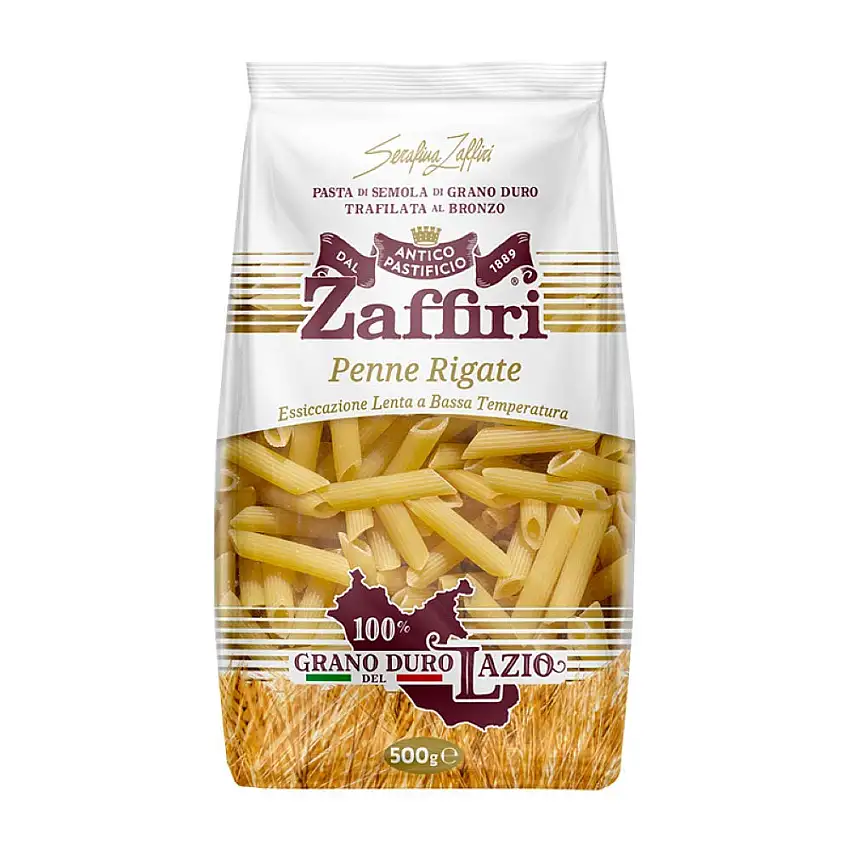 Zaffiri Pastificio Penne Rigate aus Hartweizengrieß 500g - Erzeugt durch Bronze-Düsen-Extrusion - zu 100% aus Lazio