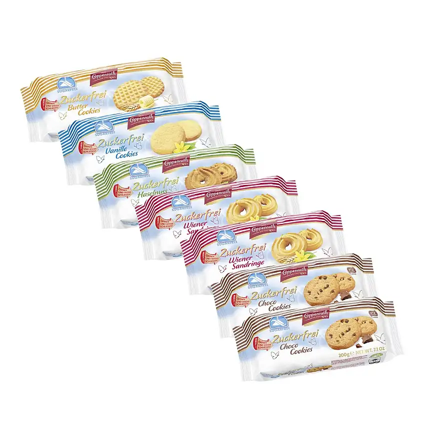 Probierpaket Coppenrath zuckerfreies Feingebäck (7 x 200 g): 1 x Vanille Cookie, 2 x Choco Cookie, 1 x Haselnuss Ringe, 2 x Wiener Sandringe, 1 x Butter Cookies