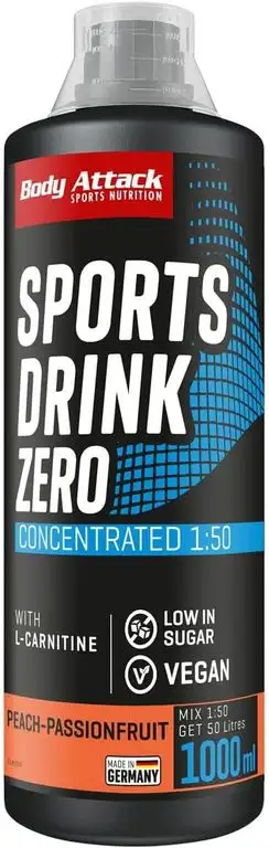 Body Attack Low Carb Sports Drink, Sportgetränkekonzentrat ergibt 50 Liter, zuckerfrei - und kalorienarm, vegan mit Carnitin & Vitaminen, Peach-Passionfruit / Pfirsich-Maracuja, (1 x 1000ml)