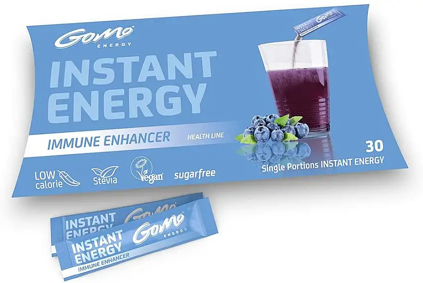 GoMo ENERGY® Vitaldrink mit 2 Bakterien Kulturen für Darmgesundheit & das Immunsystem │ 80mg Koffein, hochdosiertes Vitamine, mit Stevia gesüsst │ Heidelbeer Geschmack │ IMMUNE ENHANCER 30 Portionen