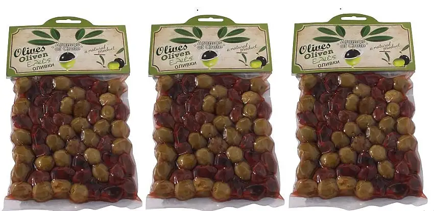 3x 220g griechische Oliven Kalamata im Mix grün schwarz eingelegt "Aromas of Crete" aus Plakias Kreta Olive schwarz grün Spar Set + Probiersachet Olivenöl 10ml