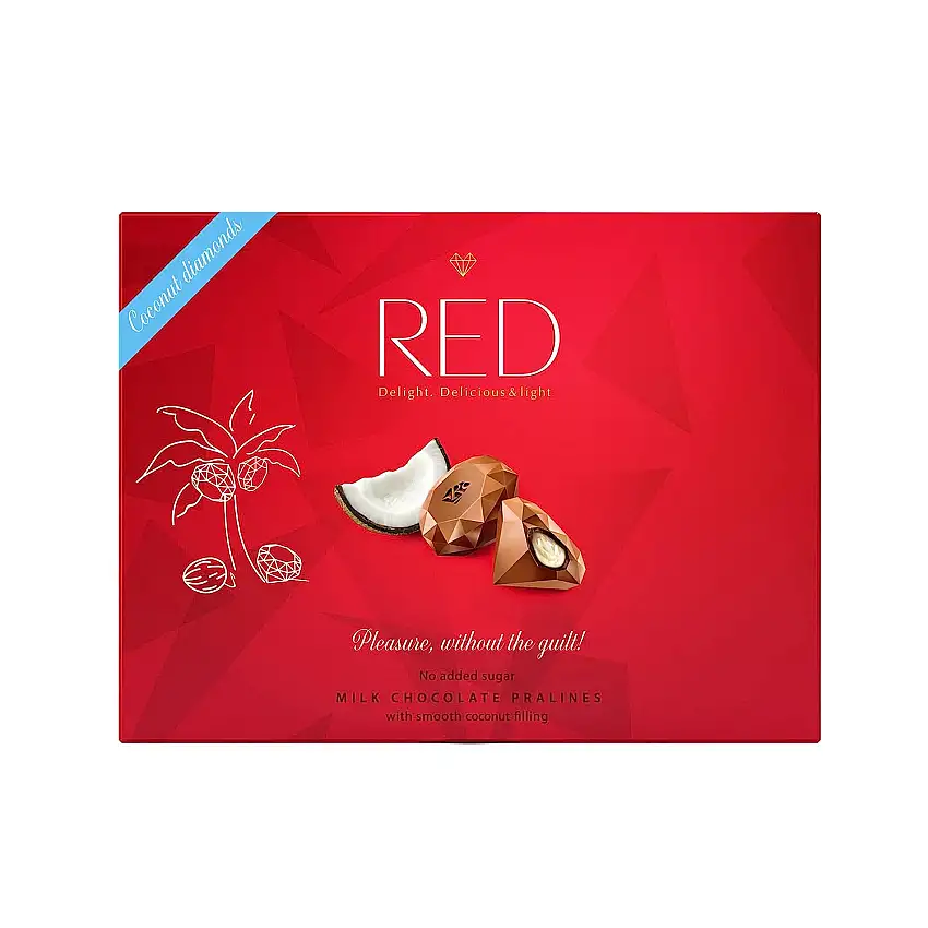 RED Delight Pralinen aus Vollmilchschokolade mit Kokosnusscremefüllung ohne Zuckerzusatz, 132g