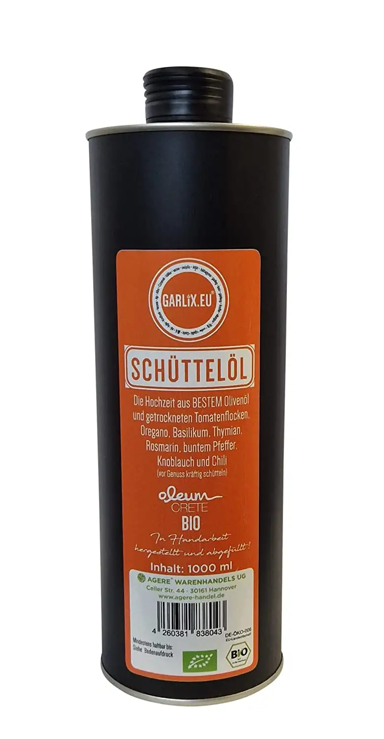BIO! SCHÜTTELÖL bestes Olivenöl mit Kräutern und Gewürzen aromatisiert, mit leichter Knoblauchnote. DE-ÖKO-006 1000ml in umweltschonender Weißblechdose.