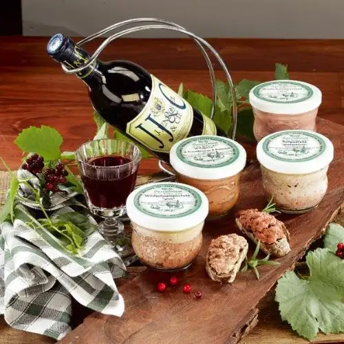 Brotaufstrich "Geflügel-Wild-Pasteten" 4 x 190 gr feine Wildspezialitäten mit einer Flasche Rotwein