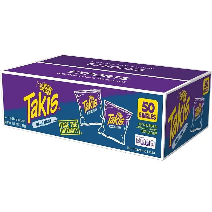 50 x Takis Blue Heat 28,4 g Hot Chilli Pepper Lime Flavour Tortilla Chips Original aus Mexiko + Mama Angioli® Riegel Gratis