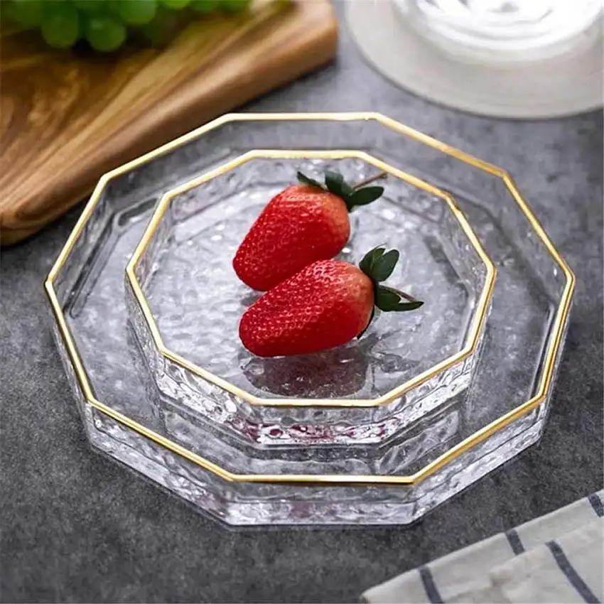 GJRFYJ Goldene seitliche Glasplatten Teller Unregelmäßige Form Salat Obstschale Dessert Hochzeit Familienteller Dekoratives Geschirr-Set (Color : A, Size : 16.5cm)