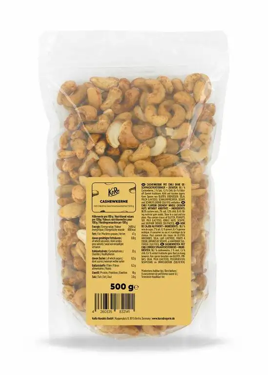 KoRo - Cashewkerne mit Chiligewürz 500 g - Scharfer Snack aus Cashews und Chili Pulver
