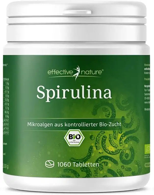 effective nature - Bio Spirulina Tabletten - 1060 Stück - 500mg Hochdosiert - 100% Rein - Vegane Presslinge - OHNE Magnesiumstearat - Abgefüllt und Kontrolliert in Deutschland (DE-ÖKO-006)