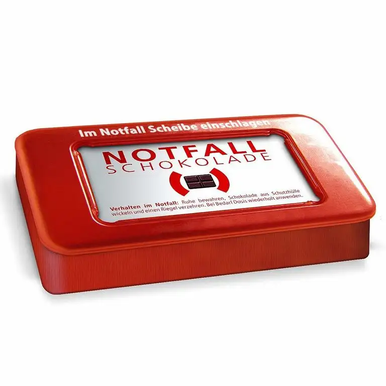 Monsterzeug Notfall Schokolade, Vollmilchschokolade in der Dose Feuermelder Optik, Witziges Schokoladen Geschenk, Spaßgeschenk, Trost Geschenk