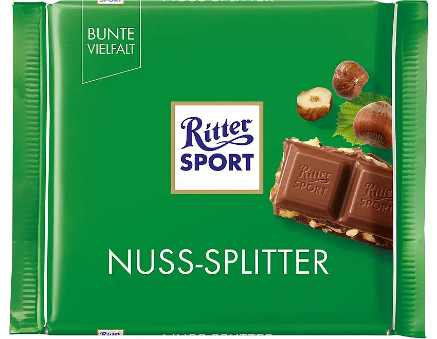 Ritter Sport Nuss-Splitter (12 x 100 g), Vollmilchschokolade mit Haselnuss-Stückchen, knackige Tafelschokolade, Schokolade mit Nüssen