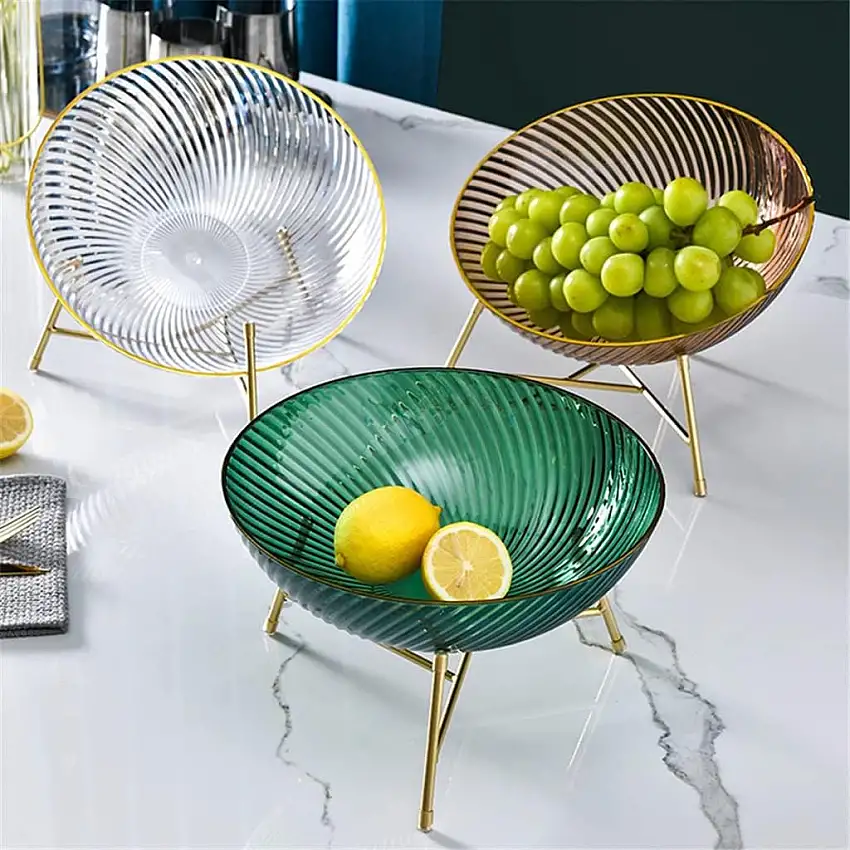 GJRFYJ Obst-Servierschalen, transparent, rund, Salatschüssel, Goldrand, Süßigkeiten-Snackteller mit Metallgestell, Party-Nahrungsmittelbehälter (Color : B, Size : 25 * 14.5cm)