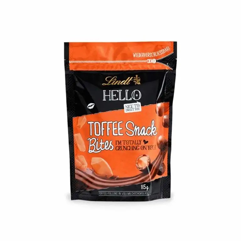 Lindt HELLO Toffee Snack Bites, Vollmilchschokolade mit Toffee-Füllung, 4er Pack (4 x 115 g)