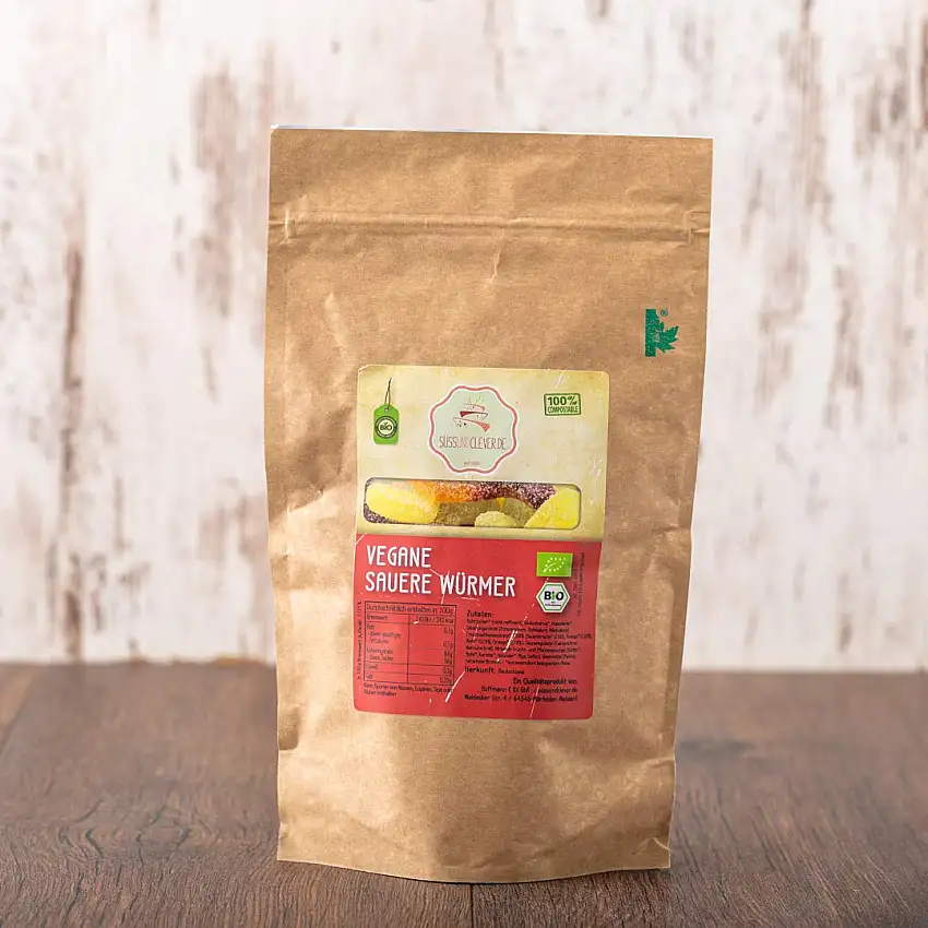 süssundclever.de® Bio saure Fruchtwürmer | vegan | 1,0 kg | Fruchtgummi | plastikfrei und ökologisch-nachhaltig abgepackt