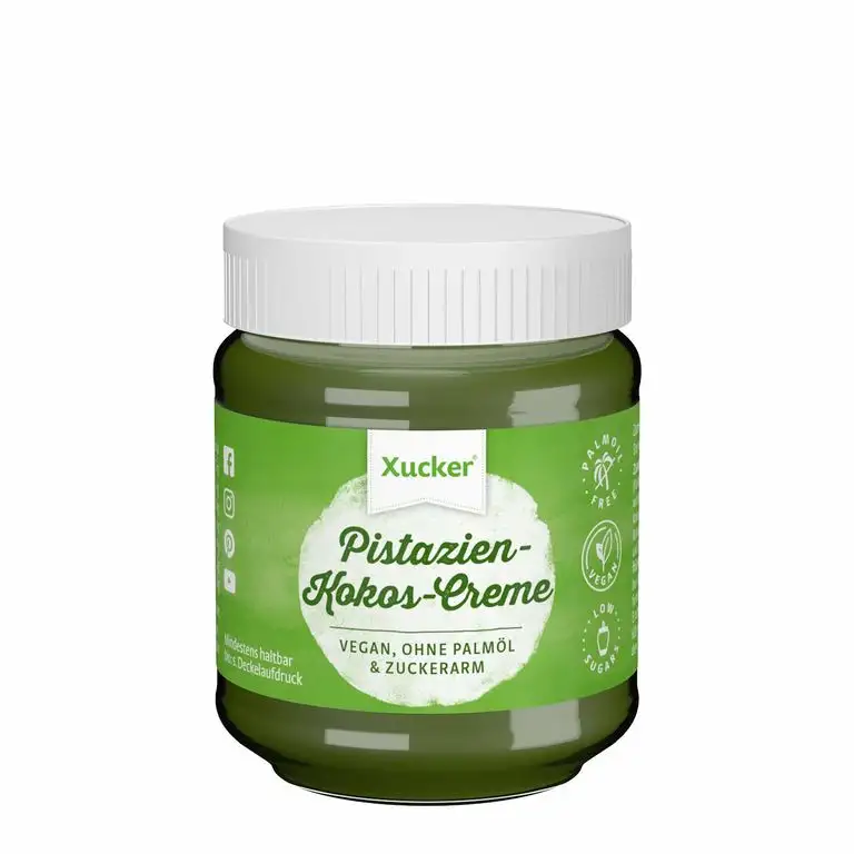 Xucker Pistazien-Kokos-Creme, vegan, zuckerarm mit Xylit, Brotaufstrich ohne Palmöl, 1 x 200 g Glas