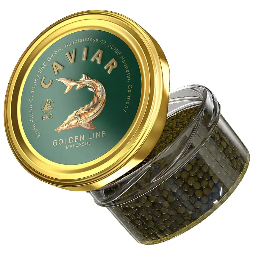 Störkaviar 50 g Golden Line, Malossol Fischkaviar, Schwarzer Kaviar, Acipenser schrenckii x huso dauricus, Beluga Caviar