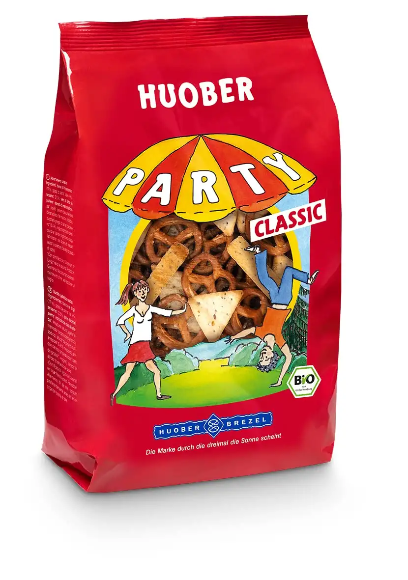 Huober Bio Party Classic, Salzgebäck Mix mit Mini Brezeln, Sesam-Cracker und Mohn-„Knabberle“, 200 g