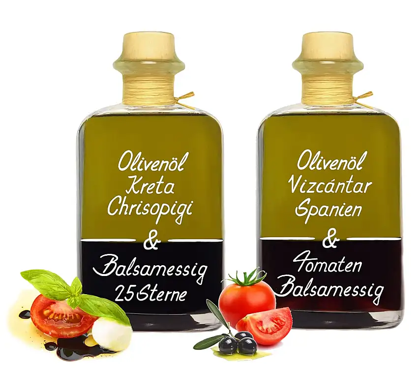 Dressing Duo je 350ml Olivenöl Vizcantar & Tomaten Essig und Kreta Olivenöl & 25 Sterne Balsam Essig Premium Qualität