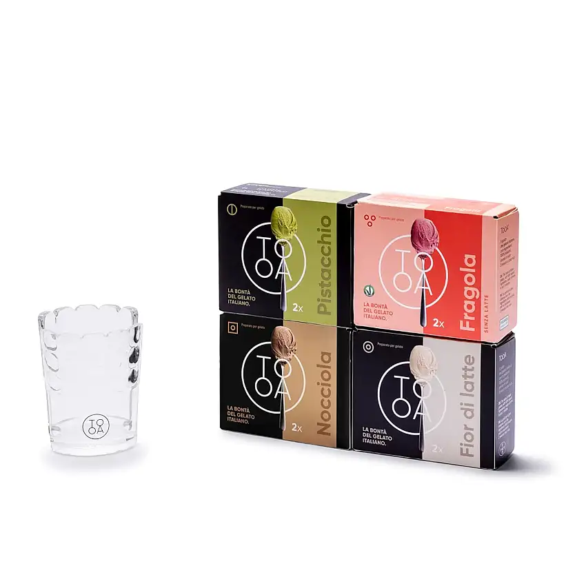 TooA Willkommens-Kit Haselnuss-, Erdbeer-, Fior di Latte- u. Schokoladen-Eis, 4 Packungen mit 2 Einzelportionen (8 Portionen), In Wenigen Minuten fertig, Italienisches Eis 100 % Natürlich, Glutenfrei