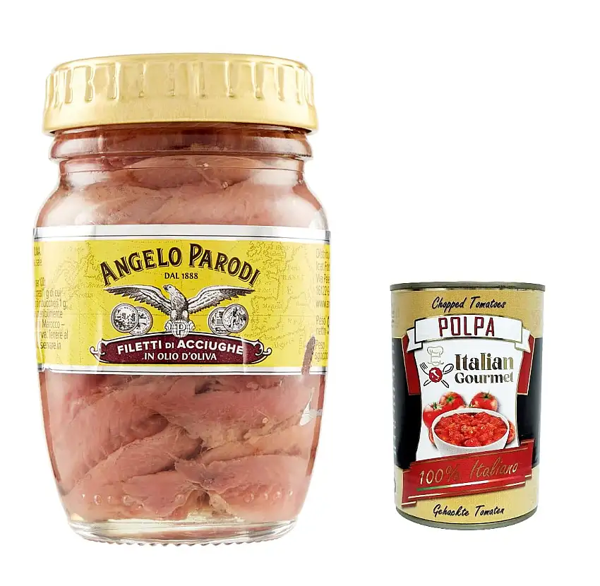 6x Angelo Parodi Filetti Di Acciughe In Olio D'oliva, Sardellenfilets in Olivenöl 90 g + Italian Gourmet Polpa di Pomodoro 400g