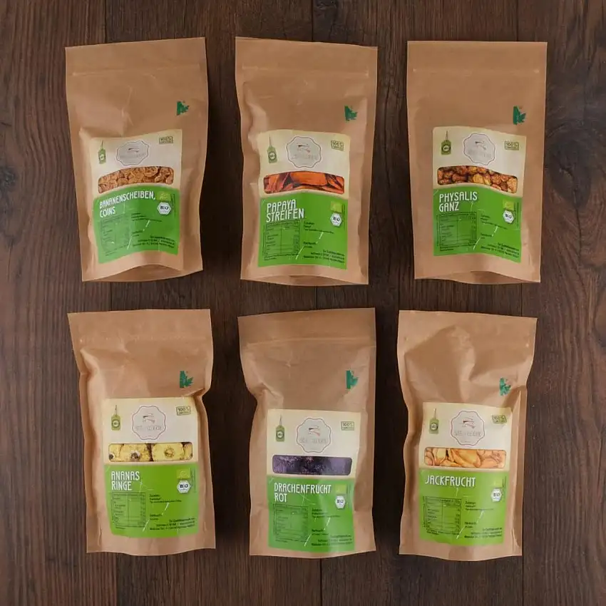 süssundclever.de® Bio Set: "Trockenfrüchte-Exotic" | 6 x 100 g | Papaya, Ananas, Bananen-Coins, Jackfrucht, Drachenfrucht, Physalis | plastikfrei und ökologisch-nachhaltig abgepackt
