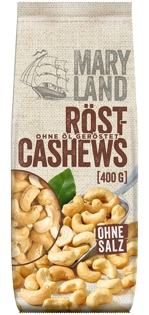 Maryland Röst-Cashews 400g Vorratspackung – Knackige Cashewkerne schonend ganz ohne Öl geröstet – Einzigartiges Aroma aus eigener Röstung in Deutschland (1 x 400g)