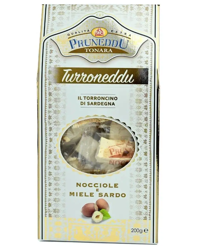 Torroncini mit Haselnüssen und Honig aus Sardinien (hart), 200g, Geschenkverpackung, weißer Nougat, Torrone, Pruneddu Torronificio Artigianale