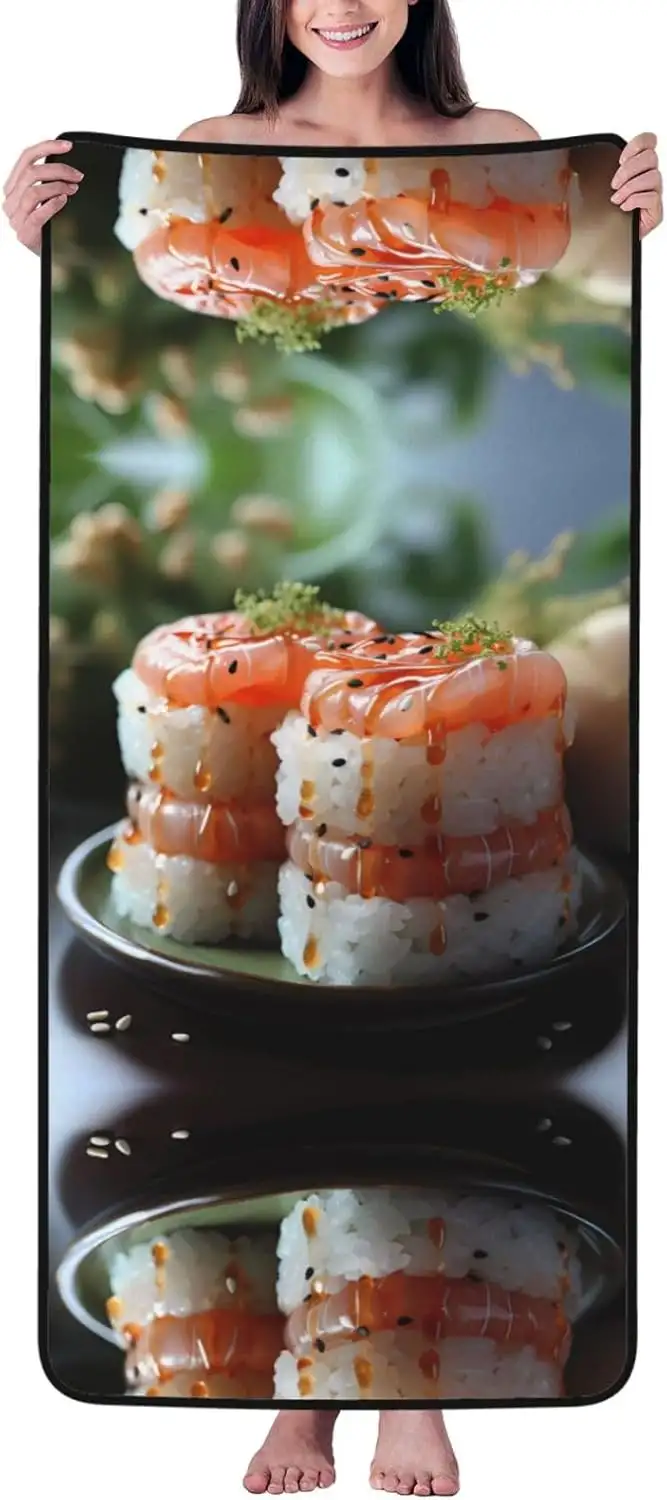 BROLEO Samthandtuch mit frischem Lachs-Sushi-Muster, 68,6 x 139,7 cm: hautfreundlich und bequem, gute Wasseraufnahme, exquisit