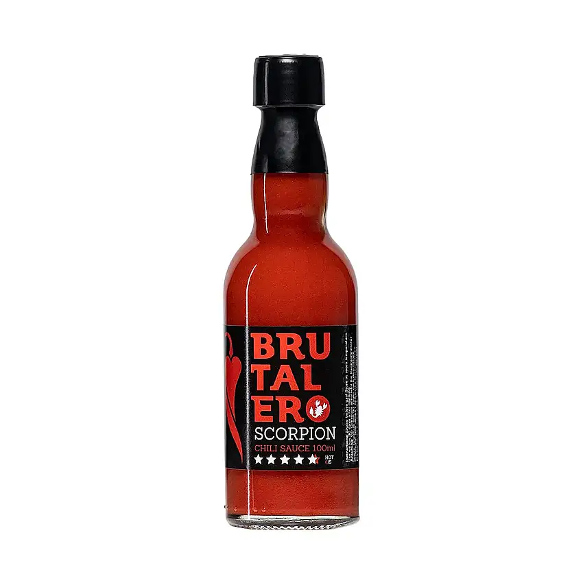 I LOVE SPICY Brutalero Scorpion Fermentierte Scharfe Chilisoße 42.293 SHU (Trinidad Scorpion Moruga Chili Pfeffer 80%) Louisiana Stil 100 ml, Schärfe 6/5