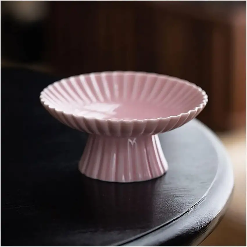 TOMYEUS Obstkörbe Kreativer Snackplatte Celadon Obstplatte Keramik High-Foot Dessert Teller Wohnzimmer Couchtisch Esstisch Snack Teller Obstschale (Color : Pink)