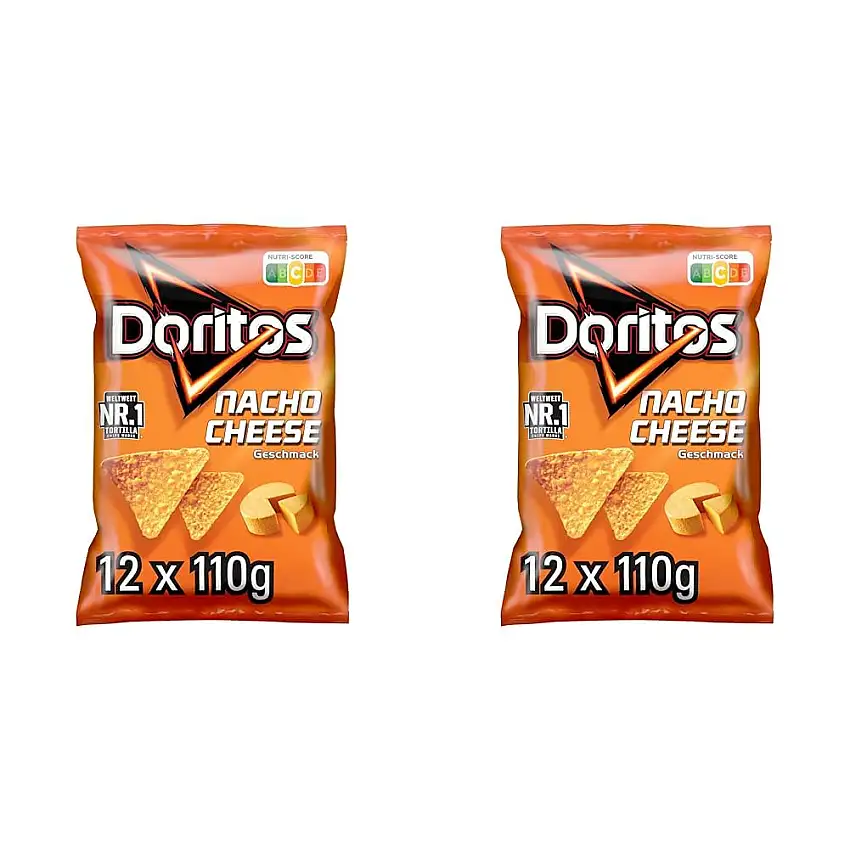 Doritos Nacho Cheese -Tortilla Nachos mit Käse Geschmack - Herzhafter Snack zum Knabbern aus Mais (12 x 110g) (Verpackungsdesign kann abweichen) (Packung mit 2)