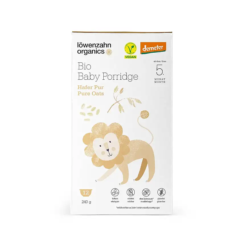 Löwenzahn Organices Demeter Baby Porridge Hafer Pur ab dem 5. Monat | Vegan & ohne Zuckerzusatz | In 2 Minuten zubereitet I Bio Brei Baby, Brei Baby, Babybrei, Baby Nahrung