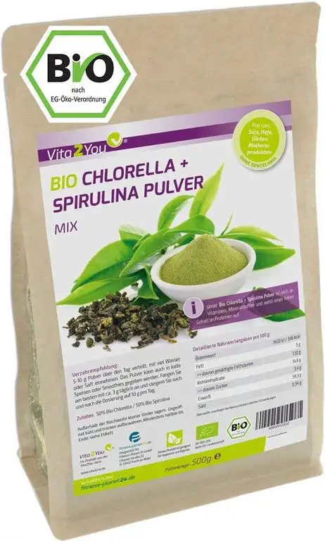 BIO Chlorella + Spirulina Mix Pulver 500g - Verhältnis 50:50 - Aus Ökologischen Anbau DE-ÖKO-006 - Zippbeutel - Premium Qualität