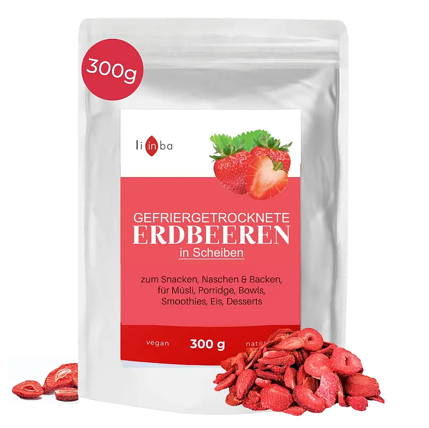 gefriergetrocknete ERDBEEREN 300g, gefriergetrocknete Früchte in Scheiben, leckere Erdbeeren gefriergetrocknet ohne Zuckerzusatz, getrocknete Erdbeeren, in Deutschland hergestellt