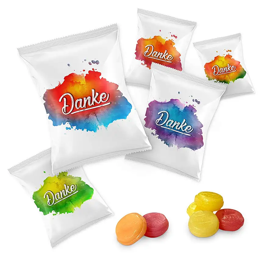 Bonbons "Danke Farbklecks" im Flachbeutel á 10g, 1 kg, entspricht ca. 100 Stück