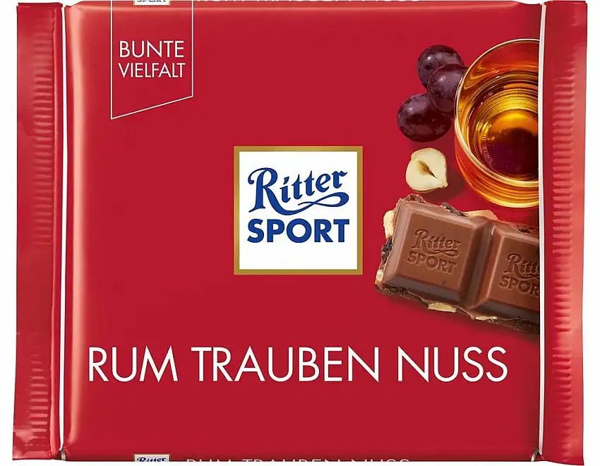 RITTER SPORT Rum Trauben Nuss (100 g), Vollmilchschokolade mit echtem Jamaika-Rum, fruchtigen Trauben und Nussstückchen, Schokolade mit Rum-Aroma