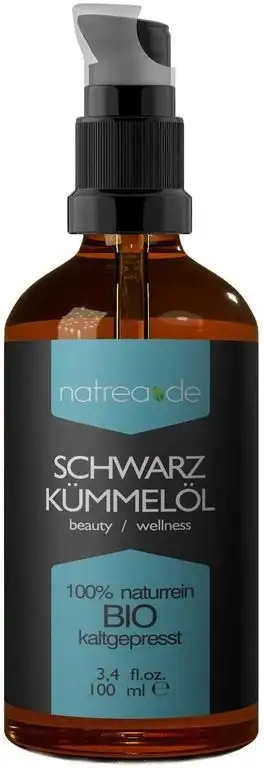 Natrea Schwarzkümmelöl | kaltgepresst für Gesicht - und Körperpflege 100% reines BIO-Öl in 100 ml Apothekerflasche mit Pumpaufsatz