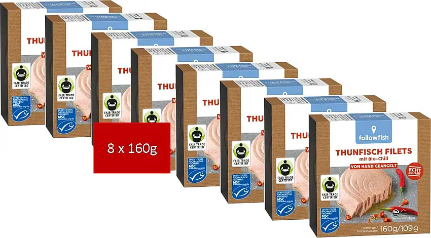 Followfish MSC Fair Trade Thunfisch Filets, mit Bio-Chili, 160g (8er Pack)