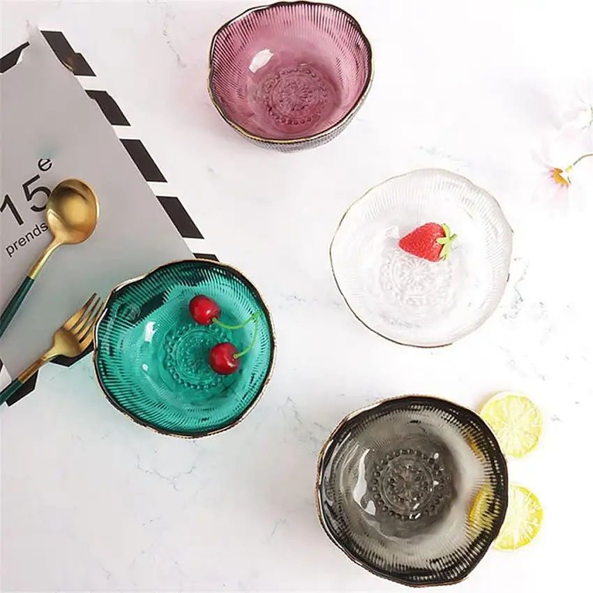 GJRFYJ Gravierte aufrechte Textur Glas Gold Beilage Salatschüssel Teller Obstschale Dessert Hochzeit Familienessen Dekoratives Geschirr-Set (Color : C, Size : 5.11 inches)